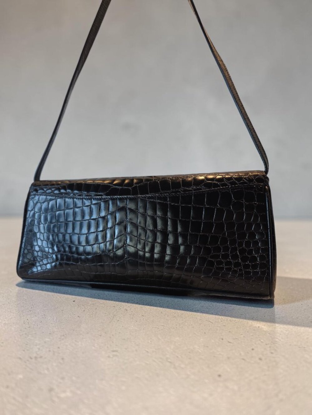 Black Crocodile Embossed East West Long bag, Shoulder, or Clutch Bag By St. John - Picture 3 of 7